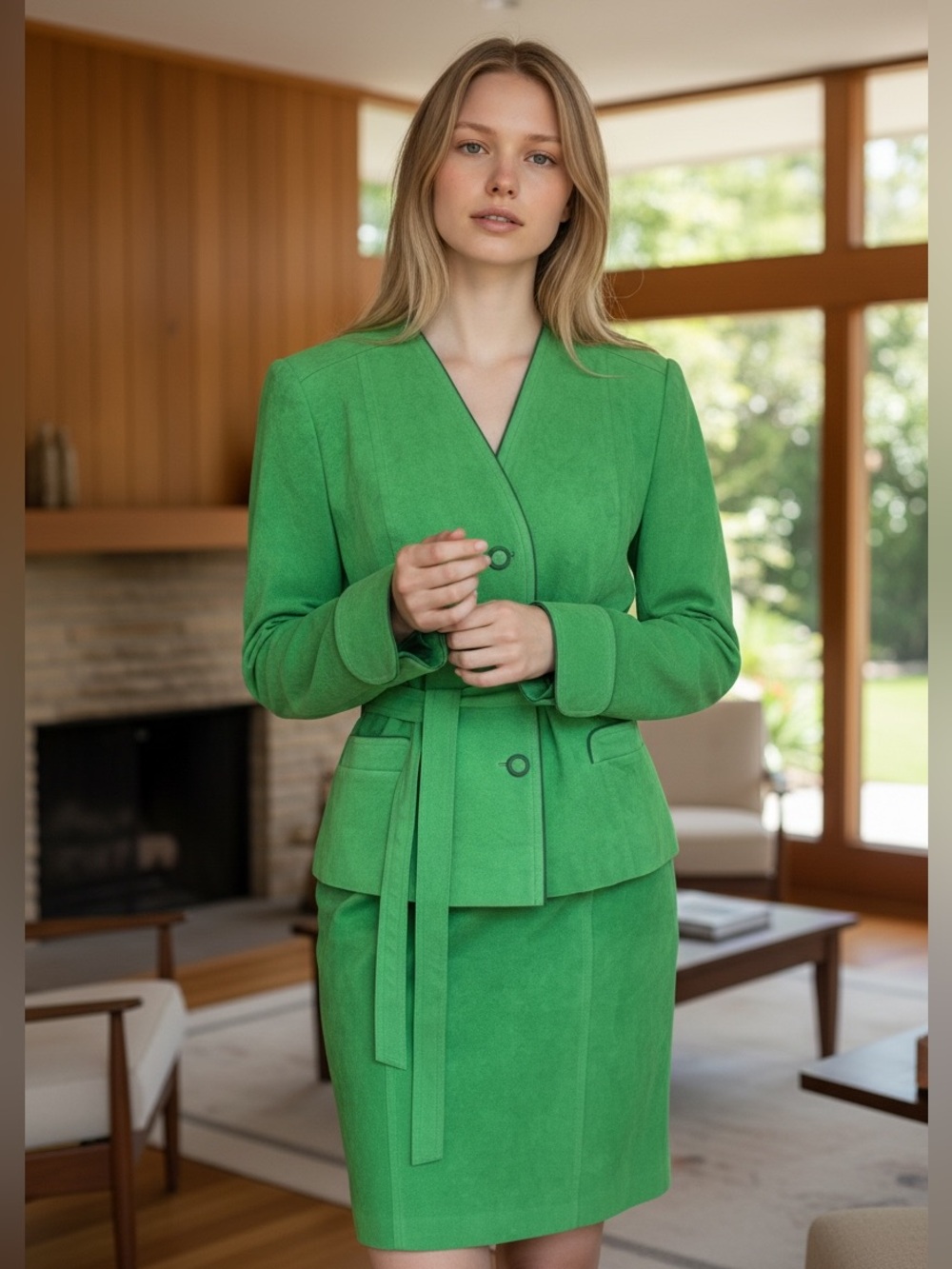 1980’s Kelly green ultra suede power suit pencil skirt & fitted belted blazer